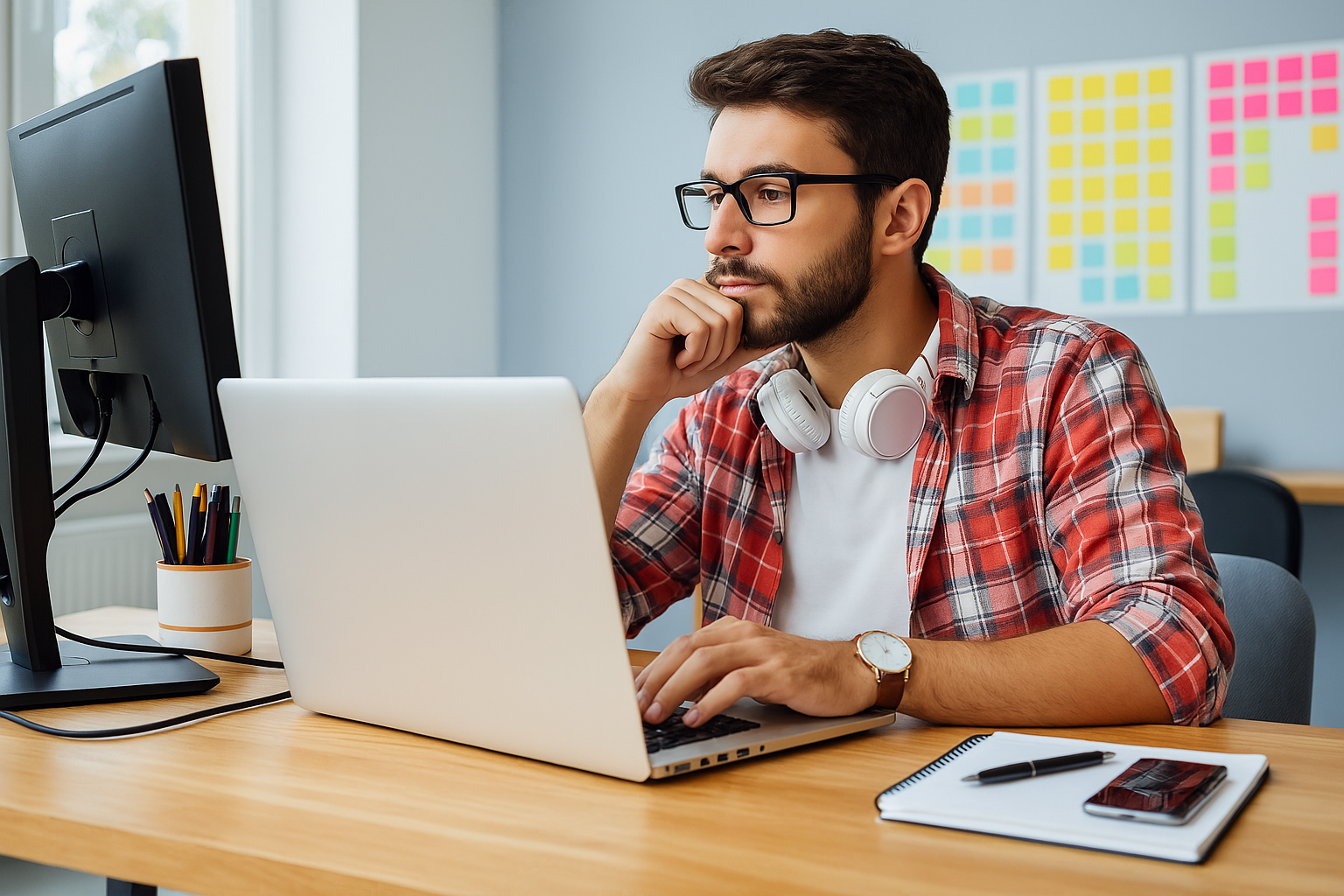 Professionele kantoormedewerker werkt gefocust op laptop in moderne werkplek omgeving